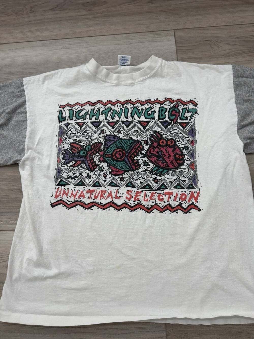 Vintage 90s Lightning Bolt Unnatural Selection Raglan Single Stitch USA L - Picture 2 of 5